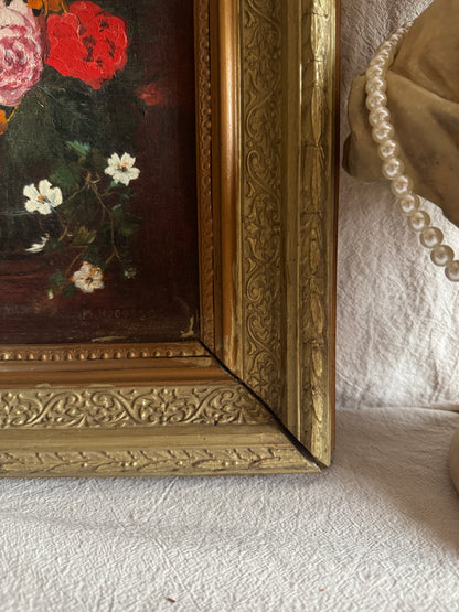 Heavy Antique Frame with Floral Oil Painting SIgned by M.Hodges 1923