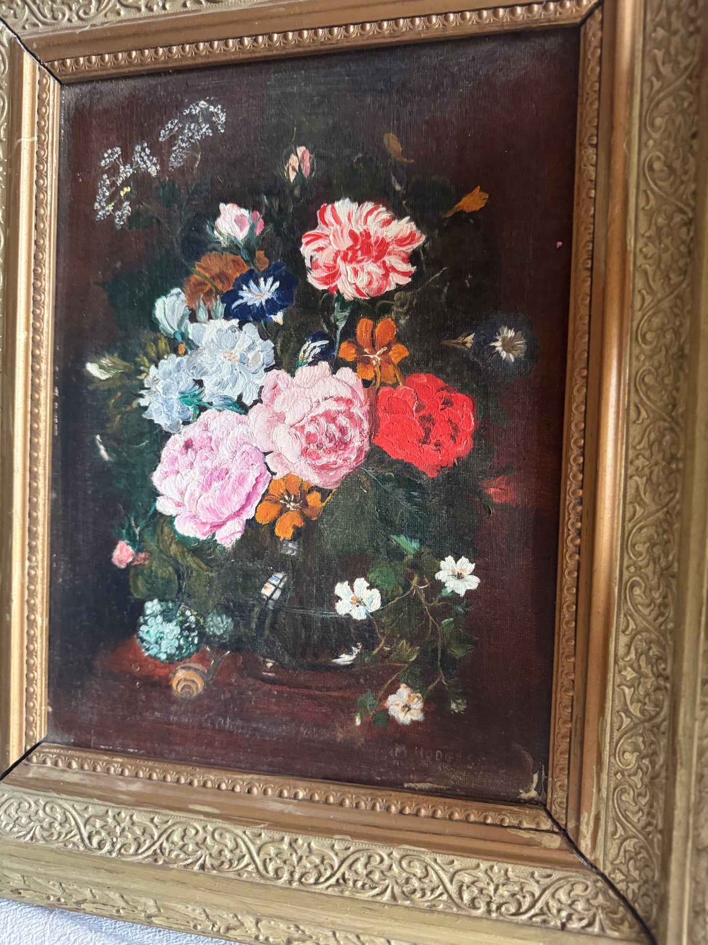 Heavy Antique Frame with Floral Oil Painting SIgned by M.Hodges 1923
