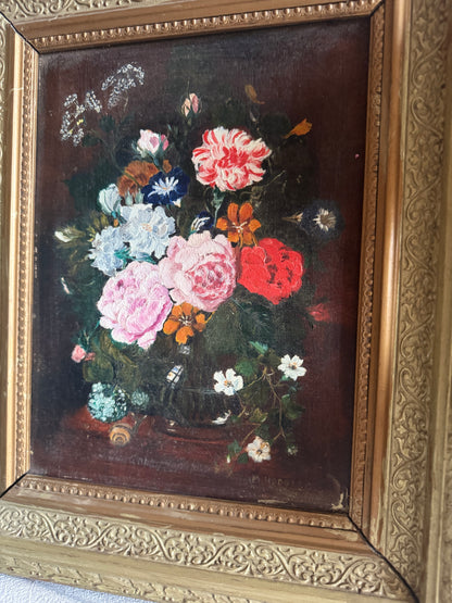 Heavy Antique Frame with Floral Oil Painting SIgned by M.Hodges 1923