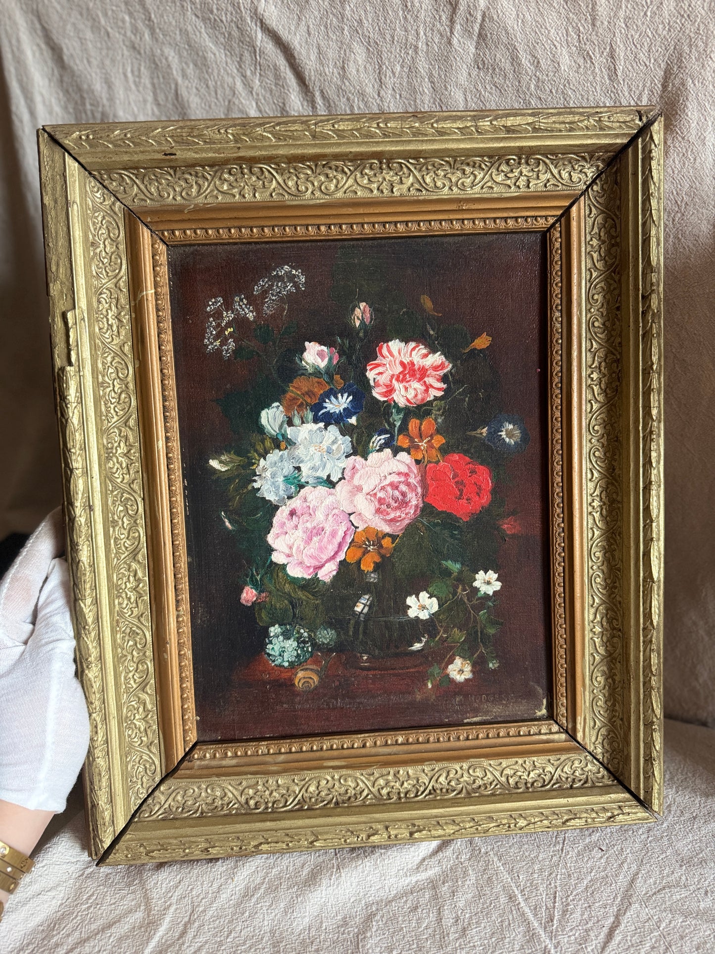 Heavy Antique Frame with Floral Oil Painting SIgned by M.Hodges 1923
