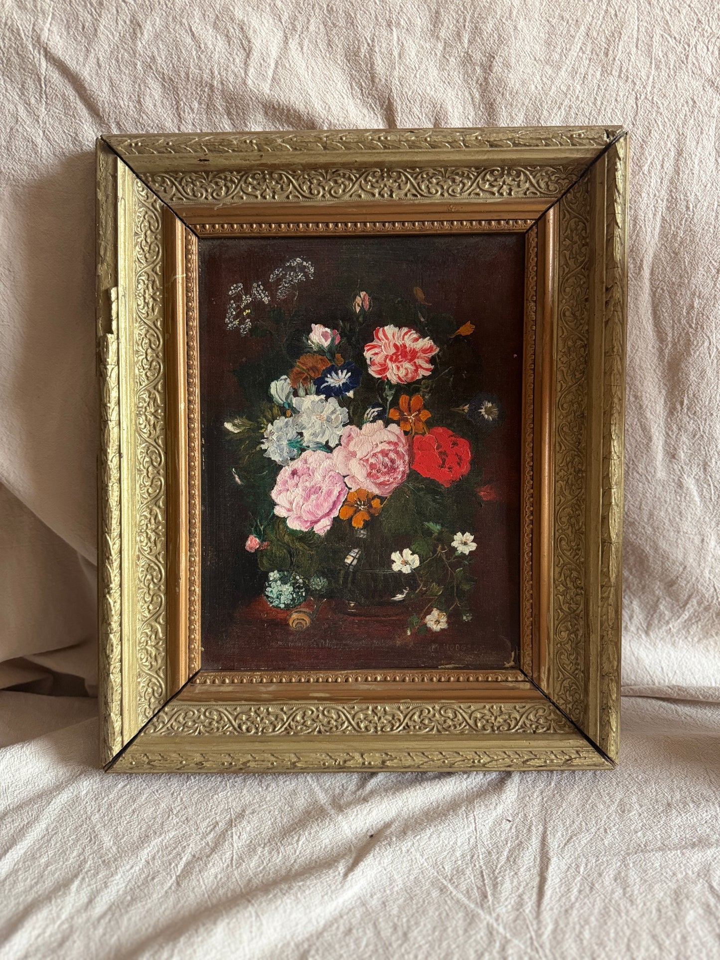 Heavy Antique Frame with Floral Oil Painting SIgned by M.Hodges 1923