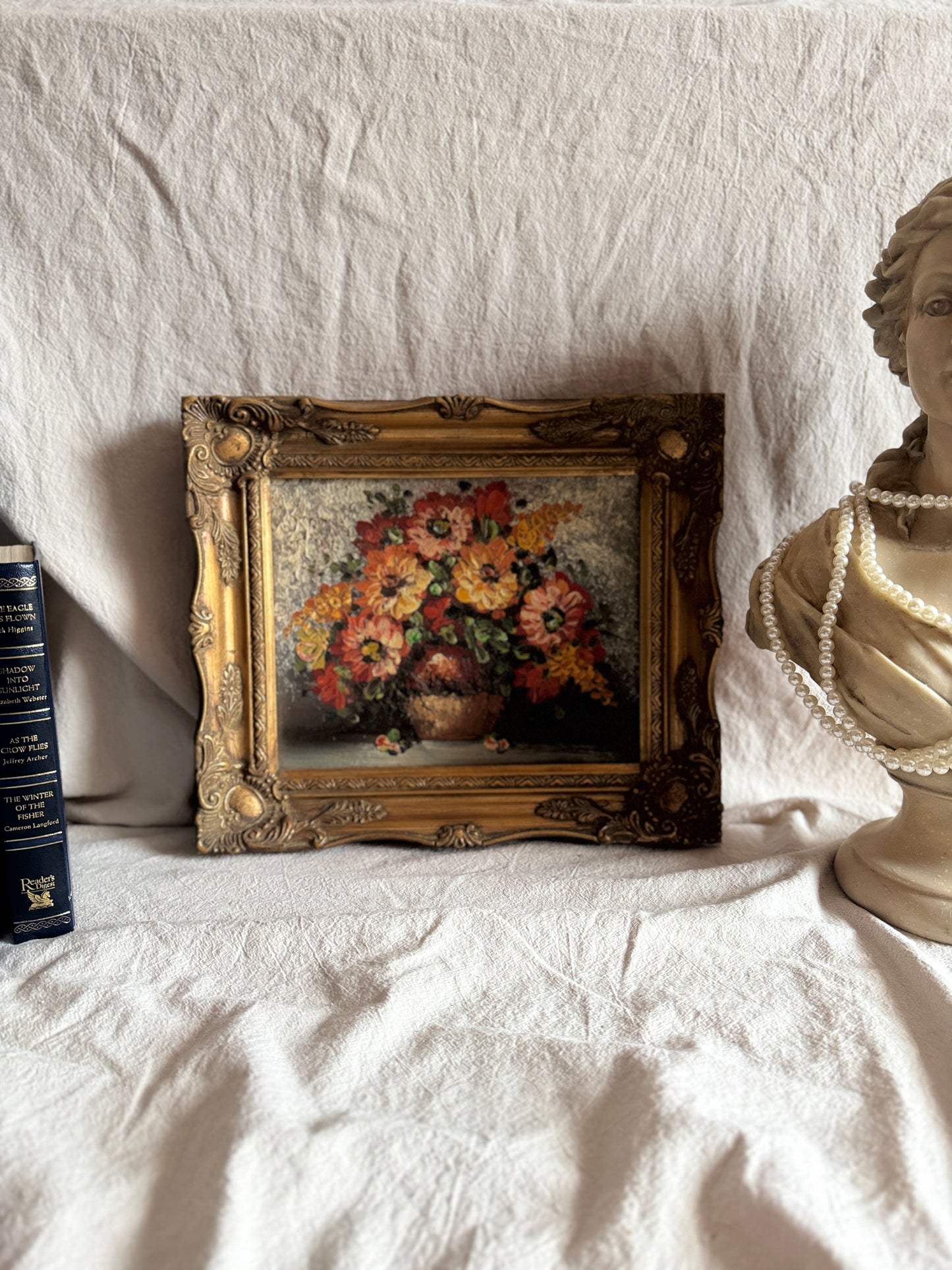 Mid-Century Heavy Brushwork Floral Oil Painting in Ornate Frame
