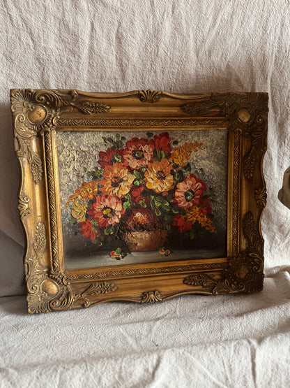 Mid-Century Heavy Brushwork Floral Oil Painting in Ornate Frame