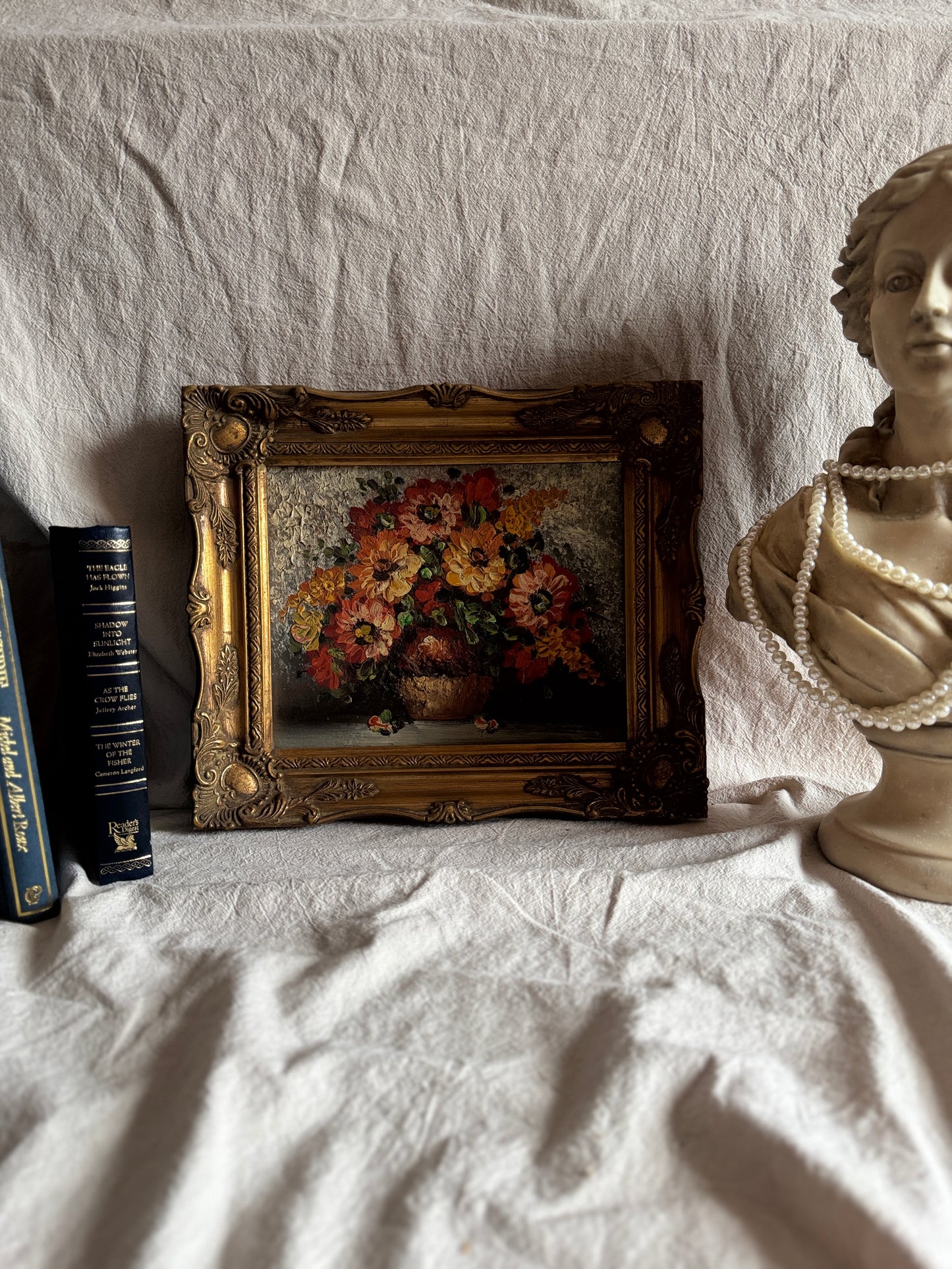 Mid-Century Heavy Brushwork Floral Oil Painting in Ornate Frame