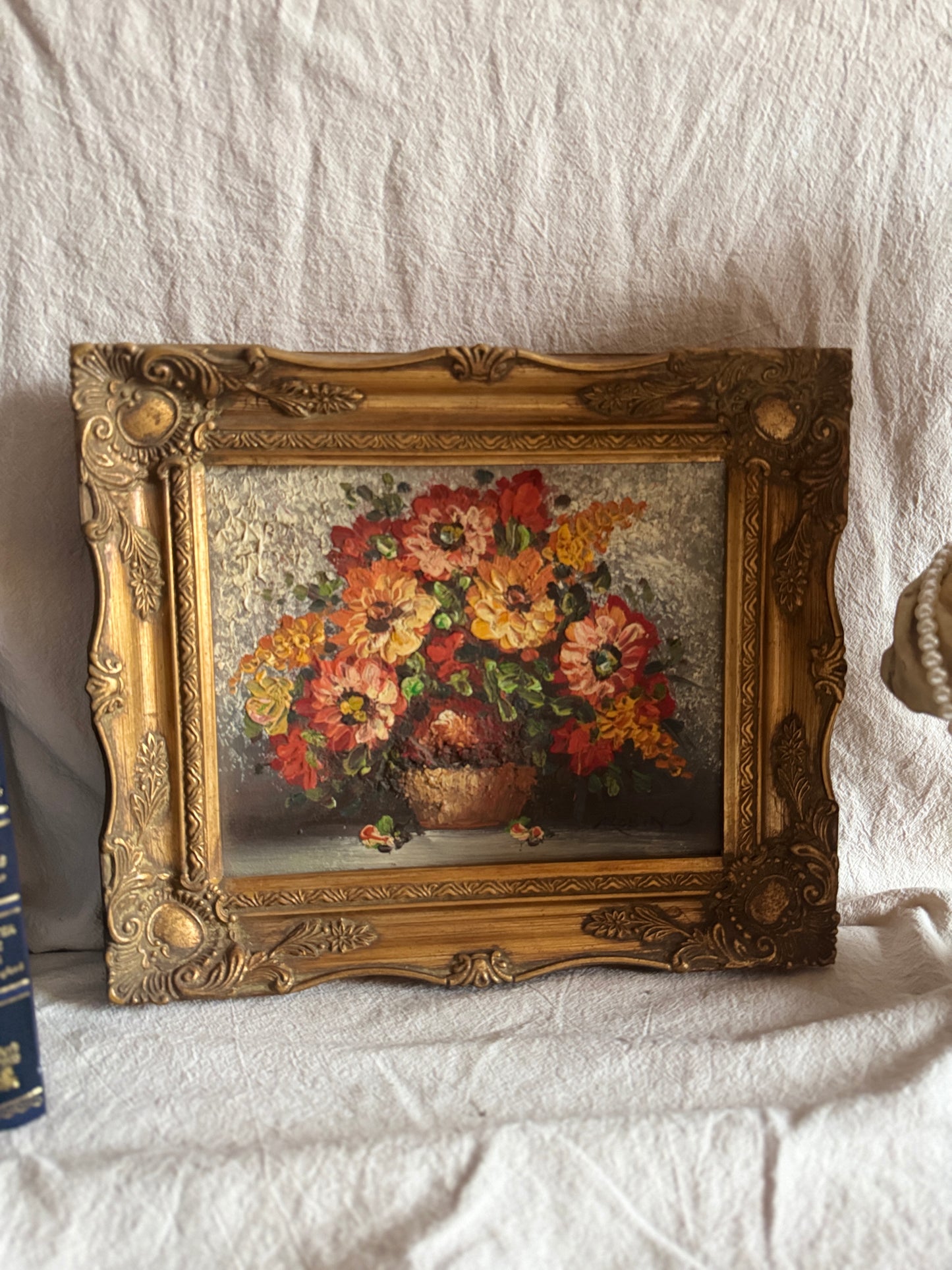 Mid-Century Heavy Brushwork Floral Oil Painting in Ornate Frame