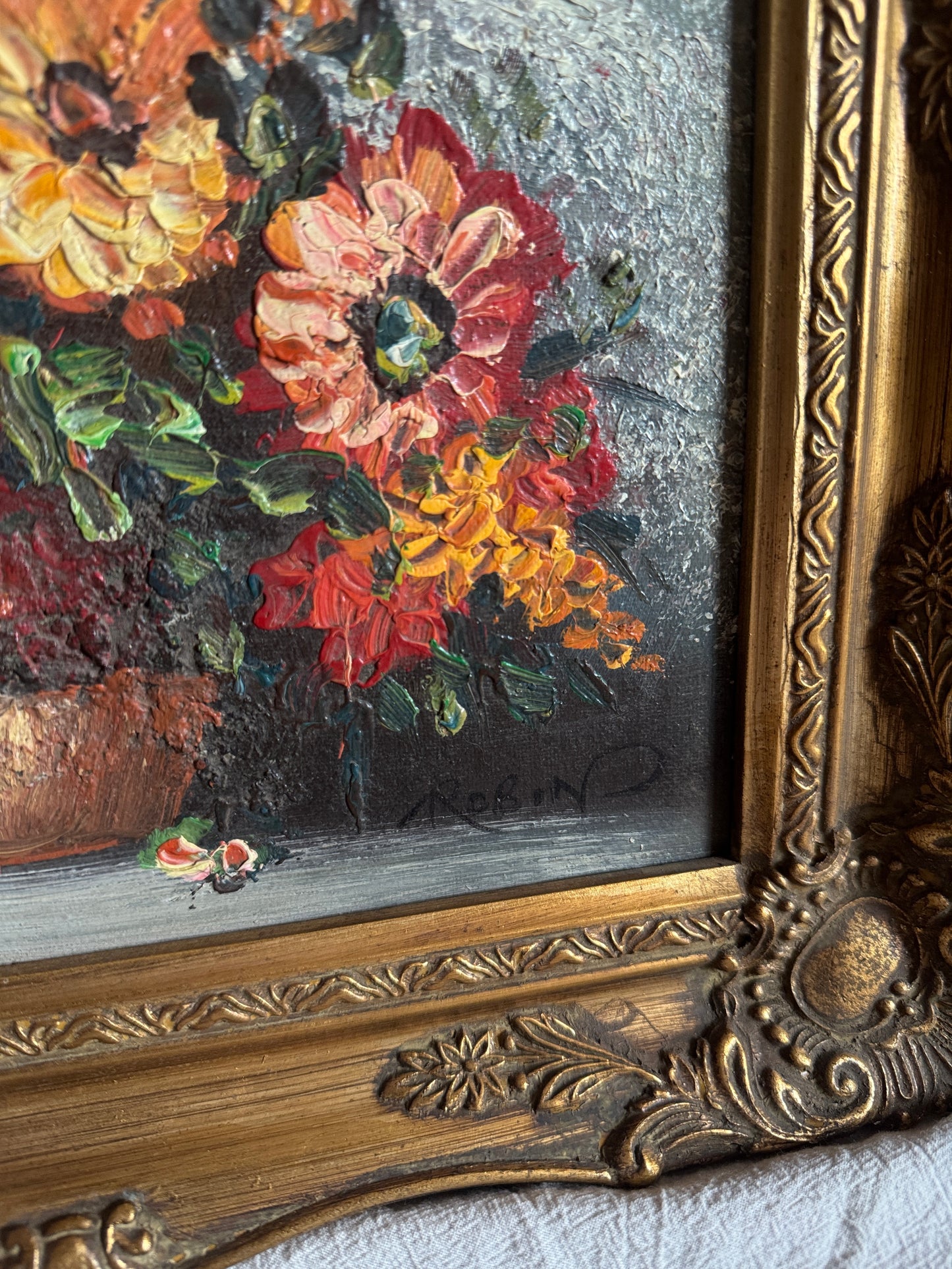 Mid-Century Heavy Brushwork Floral Oil Painting in Ornate Frame