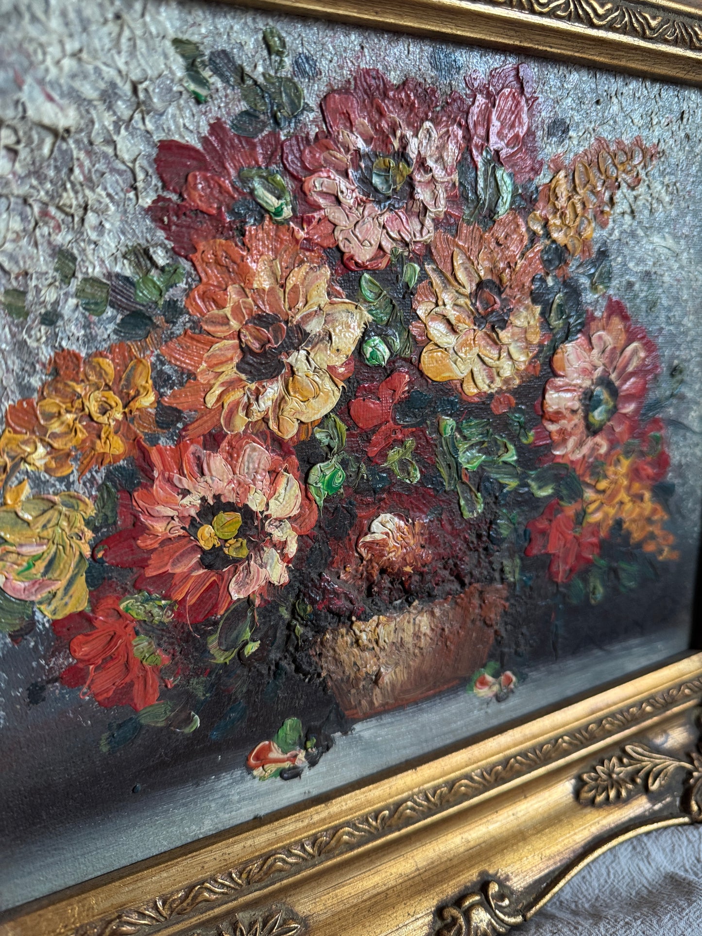 Mid-Century Heavy Brushwork Floral Oil Painting in Ornate Frame