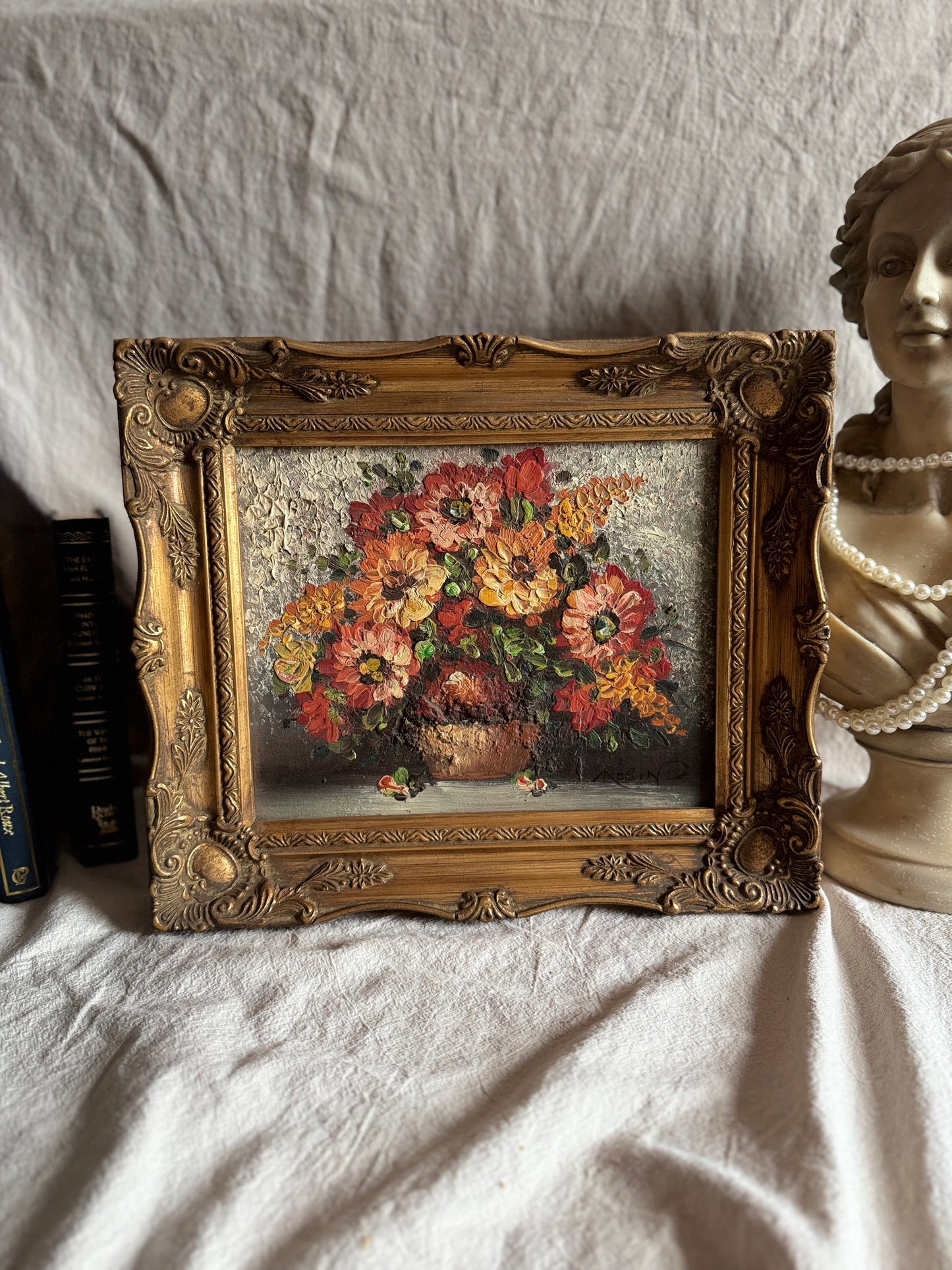 Mid-Century Heavy Brushwork Floral Oil Painting in Ornate Frame