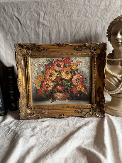Mid-Century Heavy Brushwork Floral Oil Painting in Ornate Frame