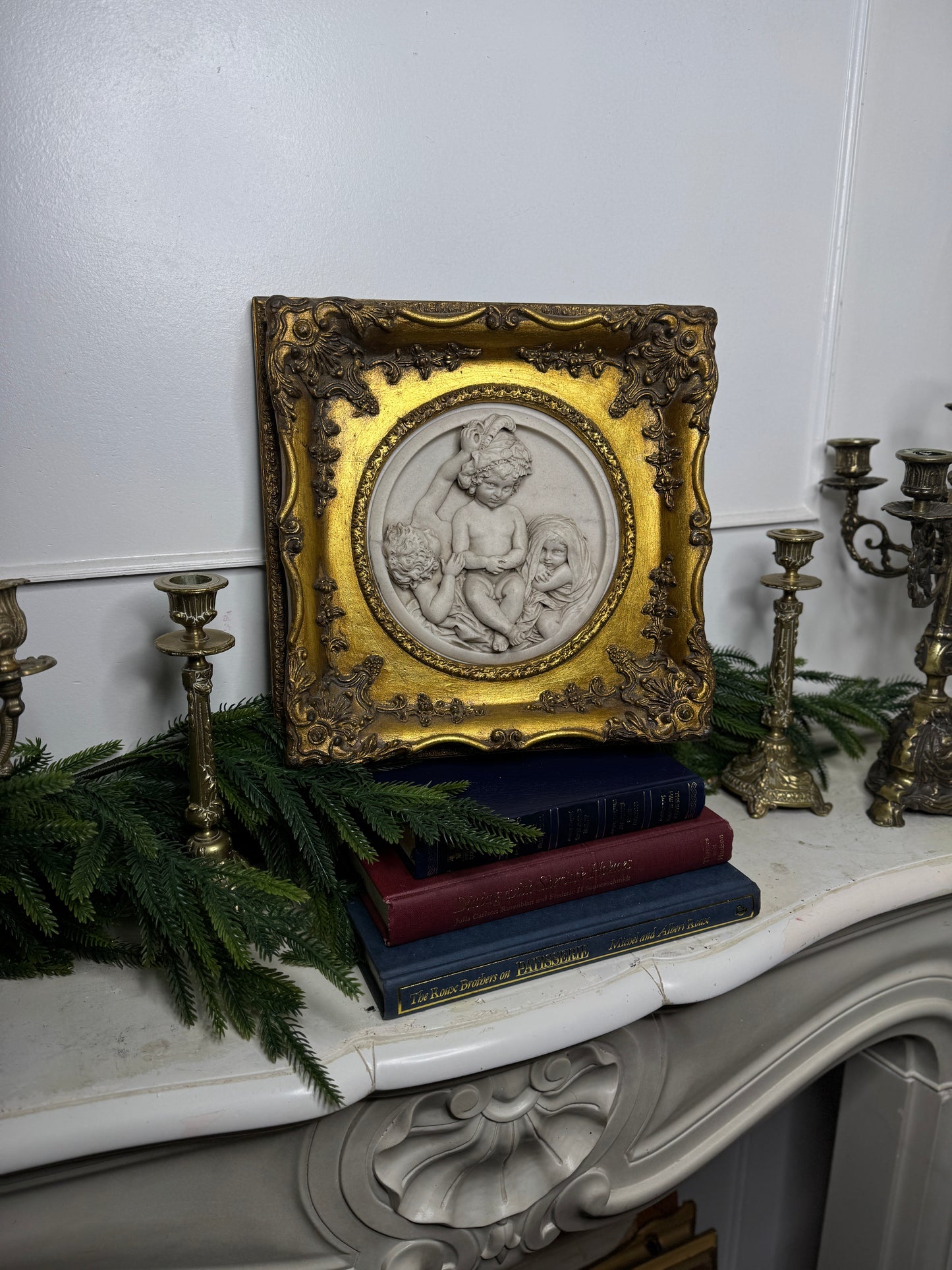 Cherubs in Marble– Antique Stone Relief In an Ornate Gilt Frame