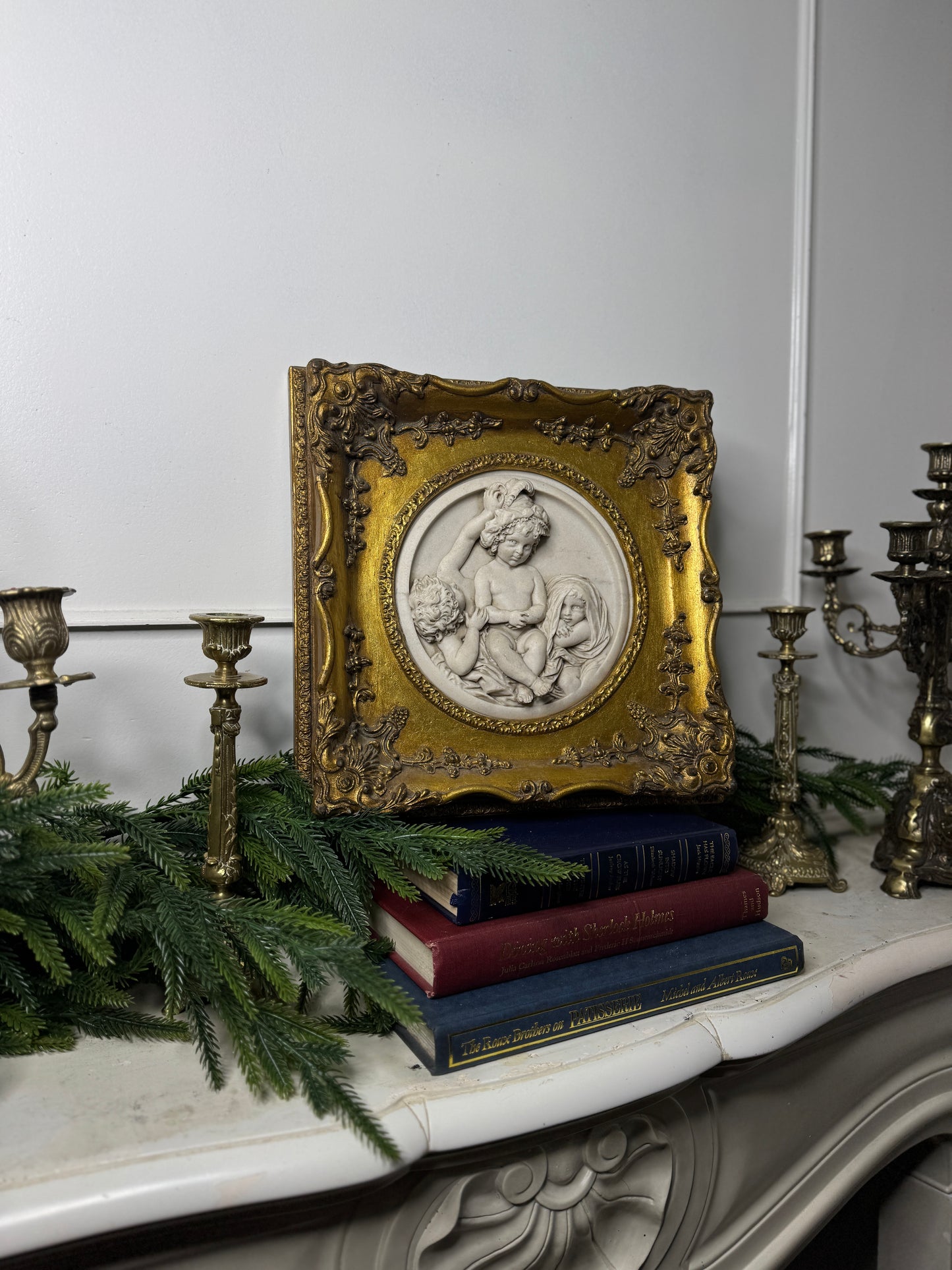 Cherubs in Marble– Antique Stone Relief In an Ornate Gilt Frame