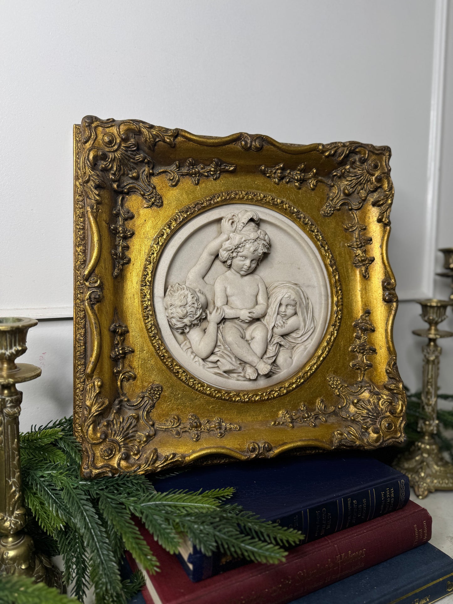 Cherubs in Marble– Antique Stone Relief In an Ornate Gilt Frame