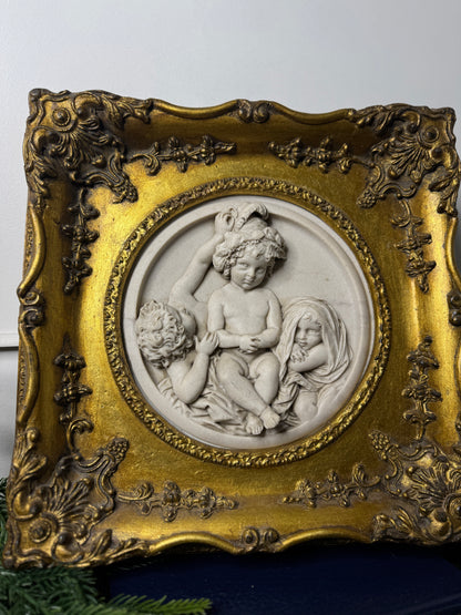 Cherubs in Marble– Antique Stone Relief In an Ornate Gilt Frame