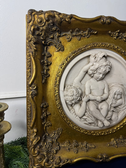 Cherubs in Marble– Antique Stone Relief In an Ornate Gilt Frame