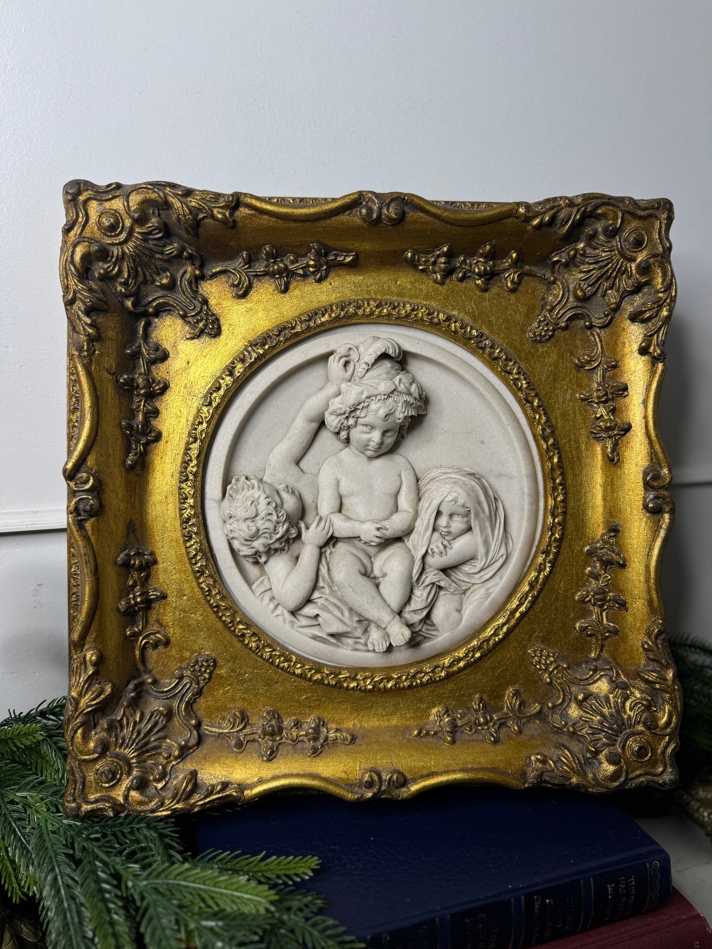 Cherubs in Marble– Antique Stone Relief In an Ornate Gilt Frame