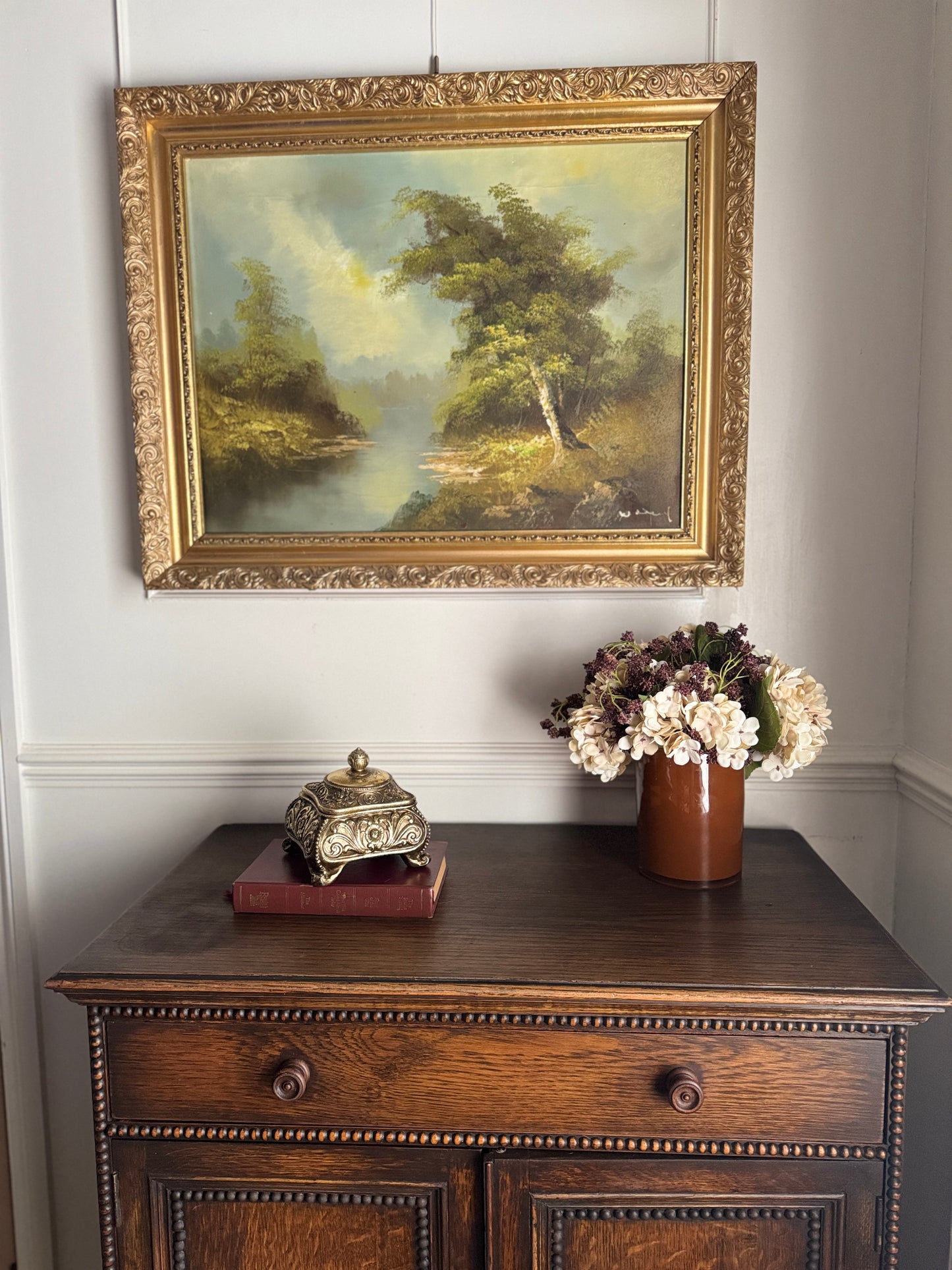 Vintage Mid Century Riverscape Oil Painting in Ornate Gold Rococo Frame 74x59 cm