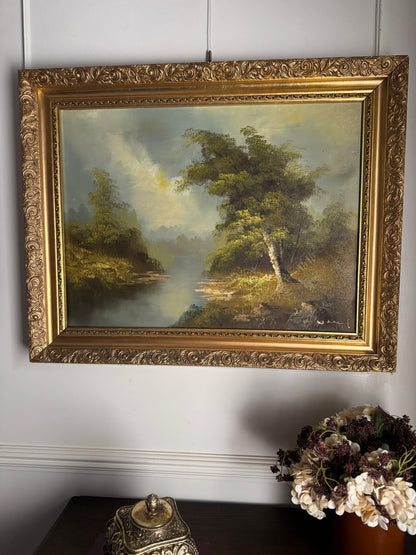 Vintage Mid Century Riverscape Oil Painting in Ornate Gold Rococo Frame 74x59 cm