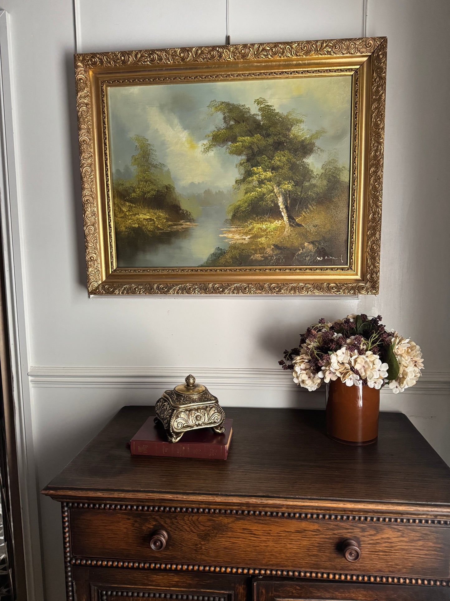 Vintage Mid Century Riverscape Oil Painting in Ornate Gold Rococo Frame 74x59 cm