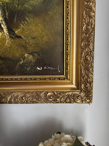 Vintage Mid Century Riverscape Oil Painting in Ornate Gold Rococo Frame 74x59 cm