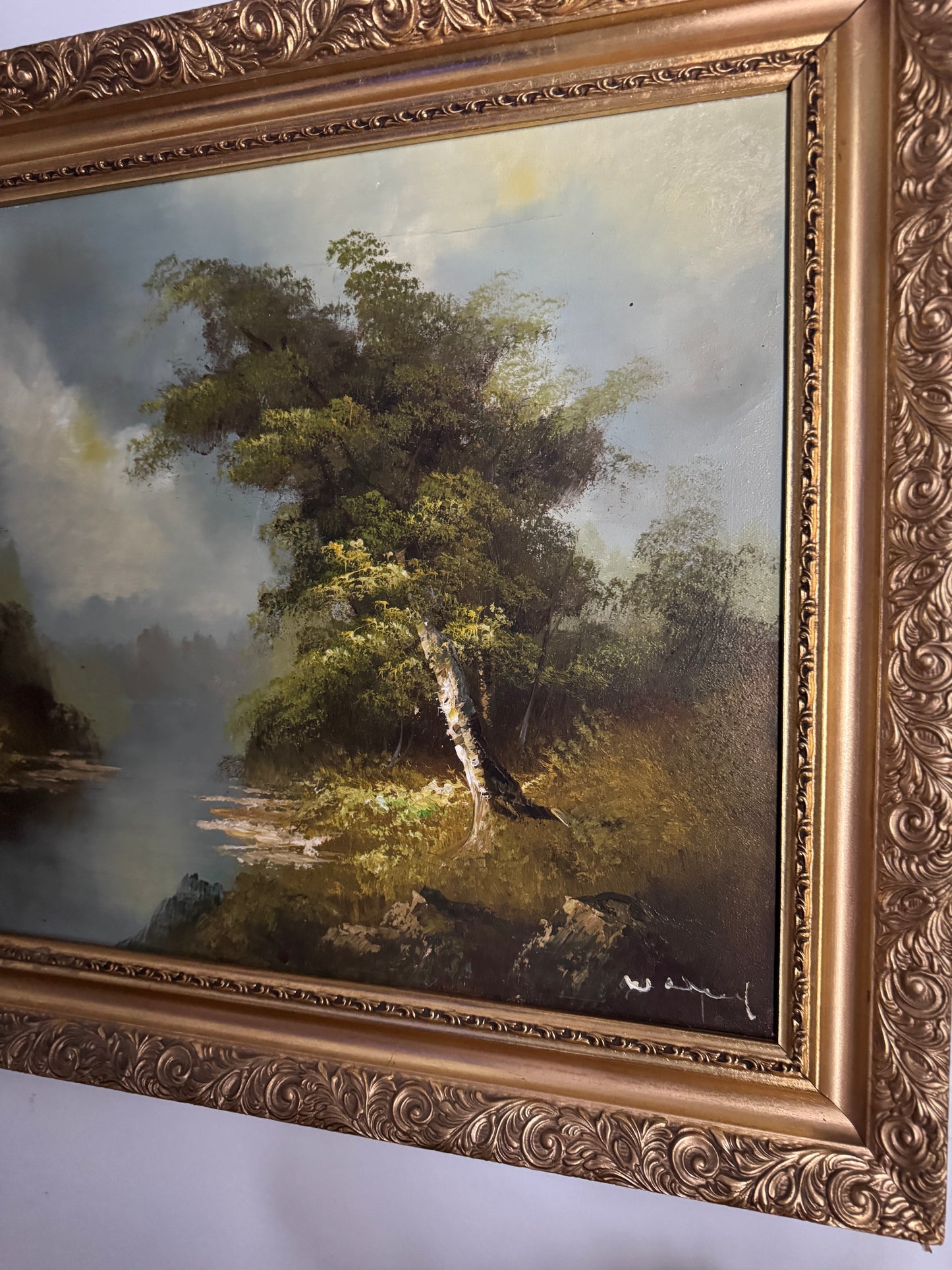 Vintage Mid Century Riverscape Oil Painting in Ornate Gold Rococo Frame 74x59 cm