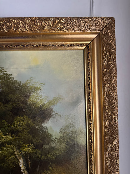 Vintage Mid Century Riverscape Oil Painting in Ornate Gold Rococo Frame 74x59 cm