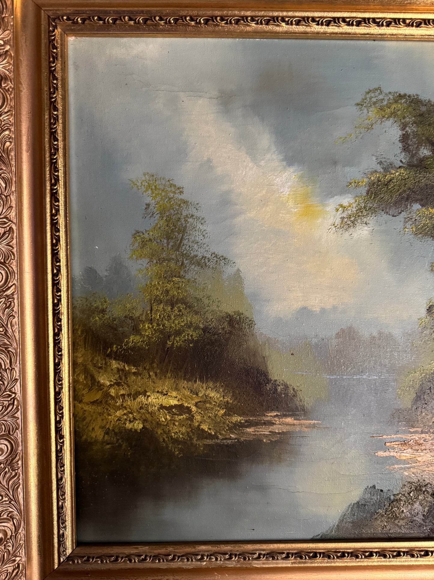 Vintage Mid Century Riverscape Oil Painting in Ornate Gold Rococo Frame 74x59 cm