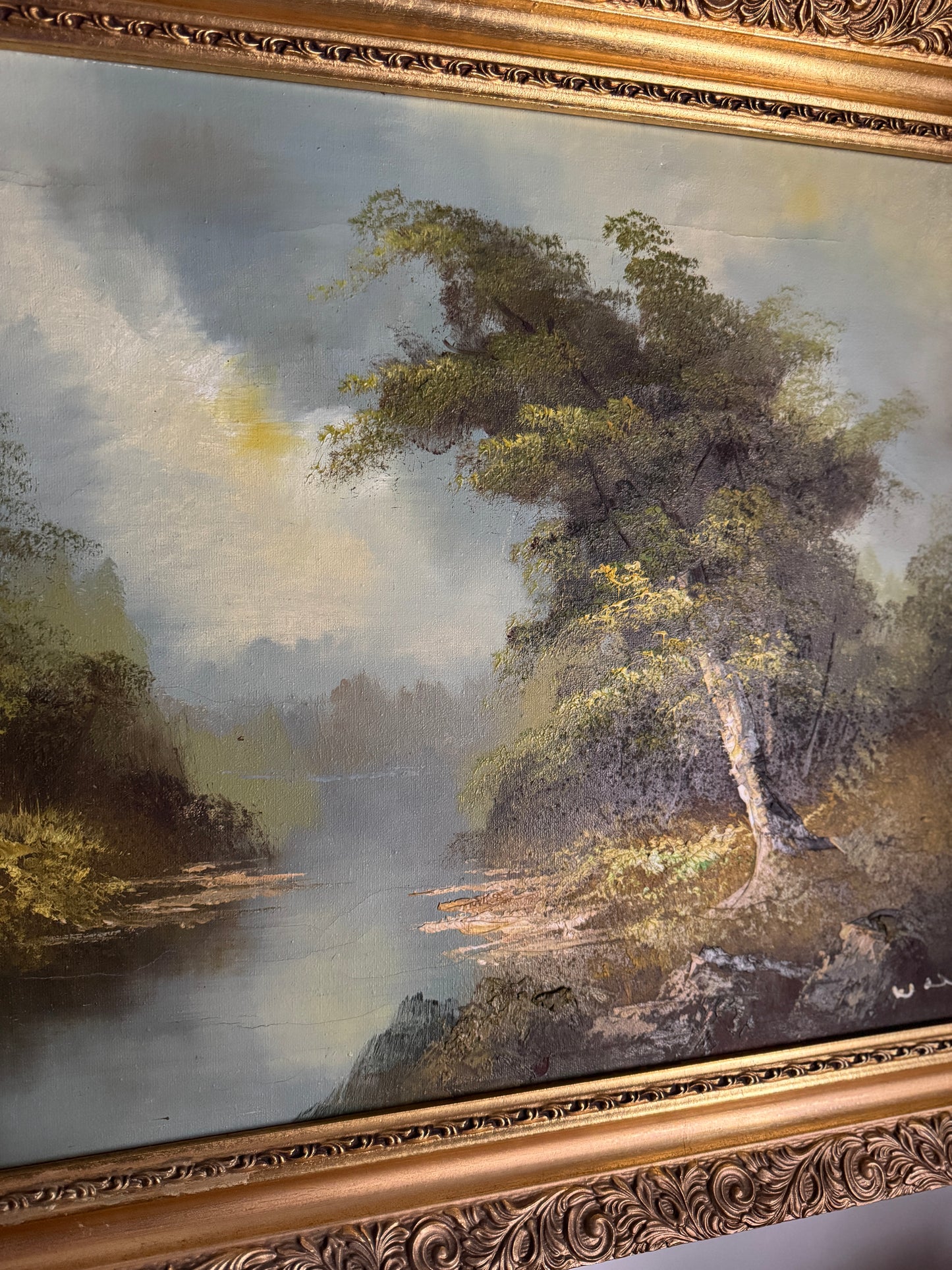 Vintage Mid Century Riverscape Oil Painting in Ornate Gold Rococo Frame 74x59 cm