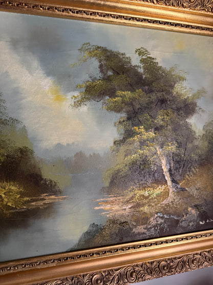 Vintage Mid Century Riverscape Oil Painting in Ornate Gold Rococo Frame 74x59 cm