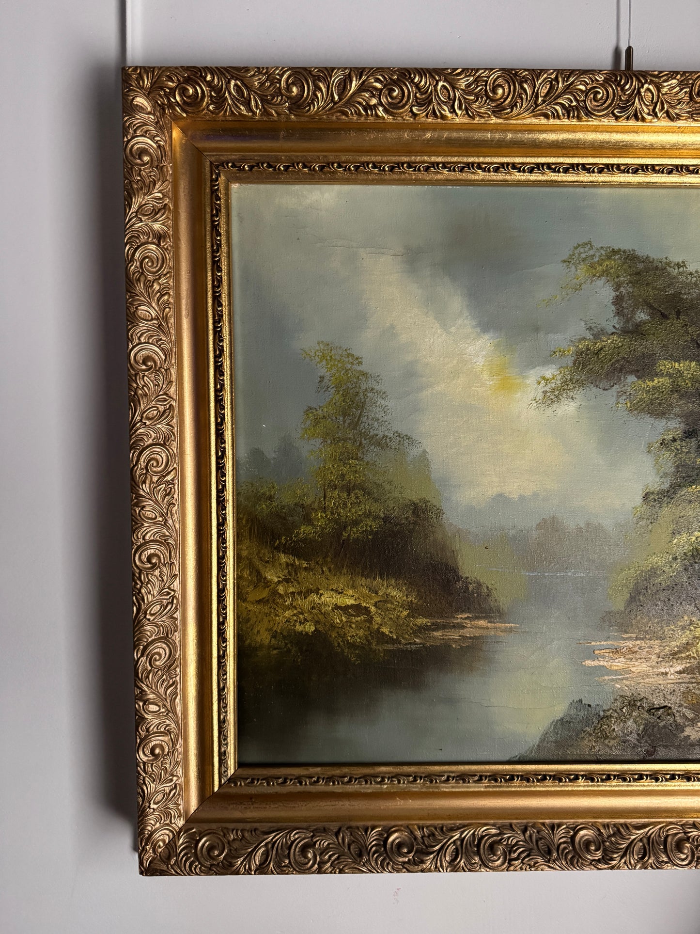 Vintage Mid Century Riverscape Oil Painting in Ornate Gold Rococo Frame 74x59 cm
