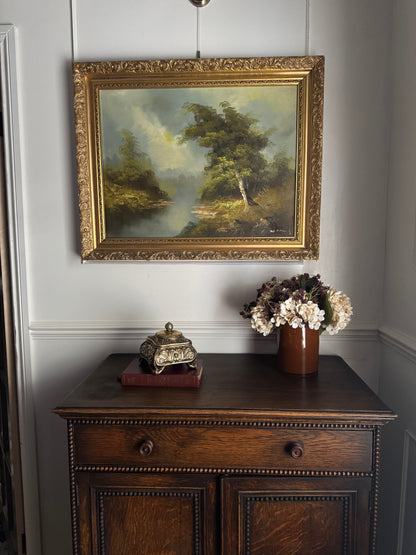 Vintage Mid Century Riverscape Oil Painting in Ornate Gold Rococo Frame 74x59 cm