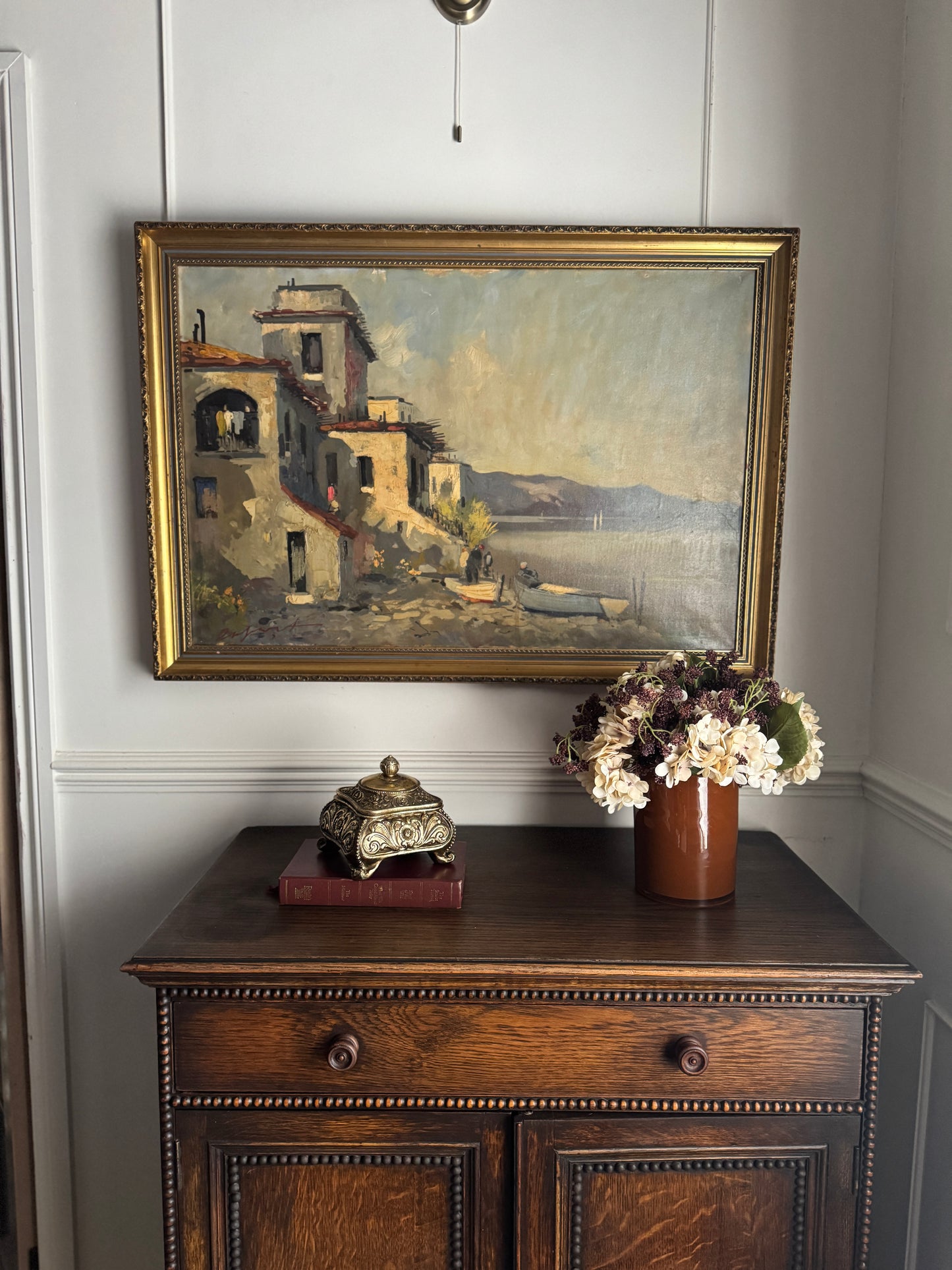 Vintage Mediterranean Coastal Oil Painting, Italian Seaside Village Art,Impressionist Landscape