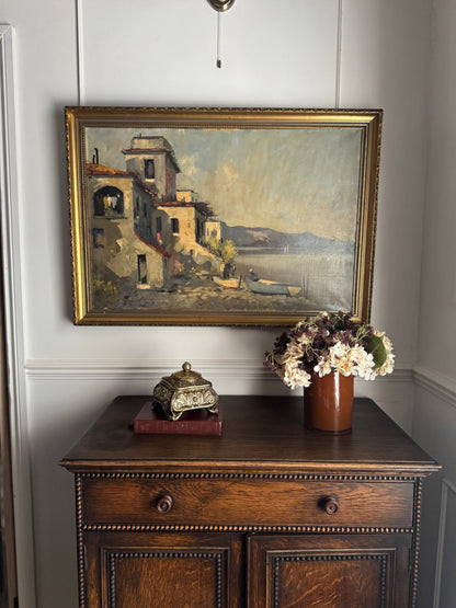 Vintage Mediterranean Coastal Oil Painting, Italian Seaside Village Art,Impressionist Landscape