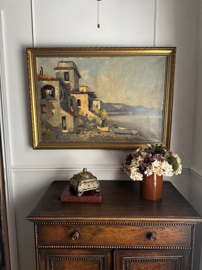Vintage Mediterranean Coastal Oil Painting, Italian Seaside Village Art,Impressionist Landscape