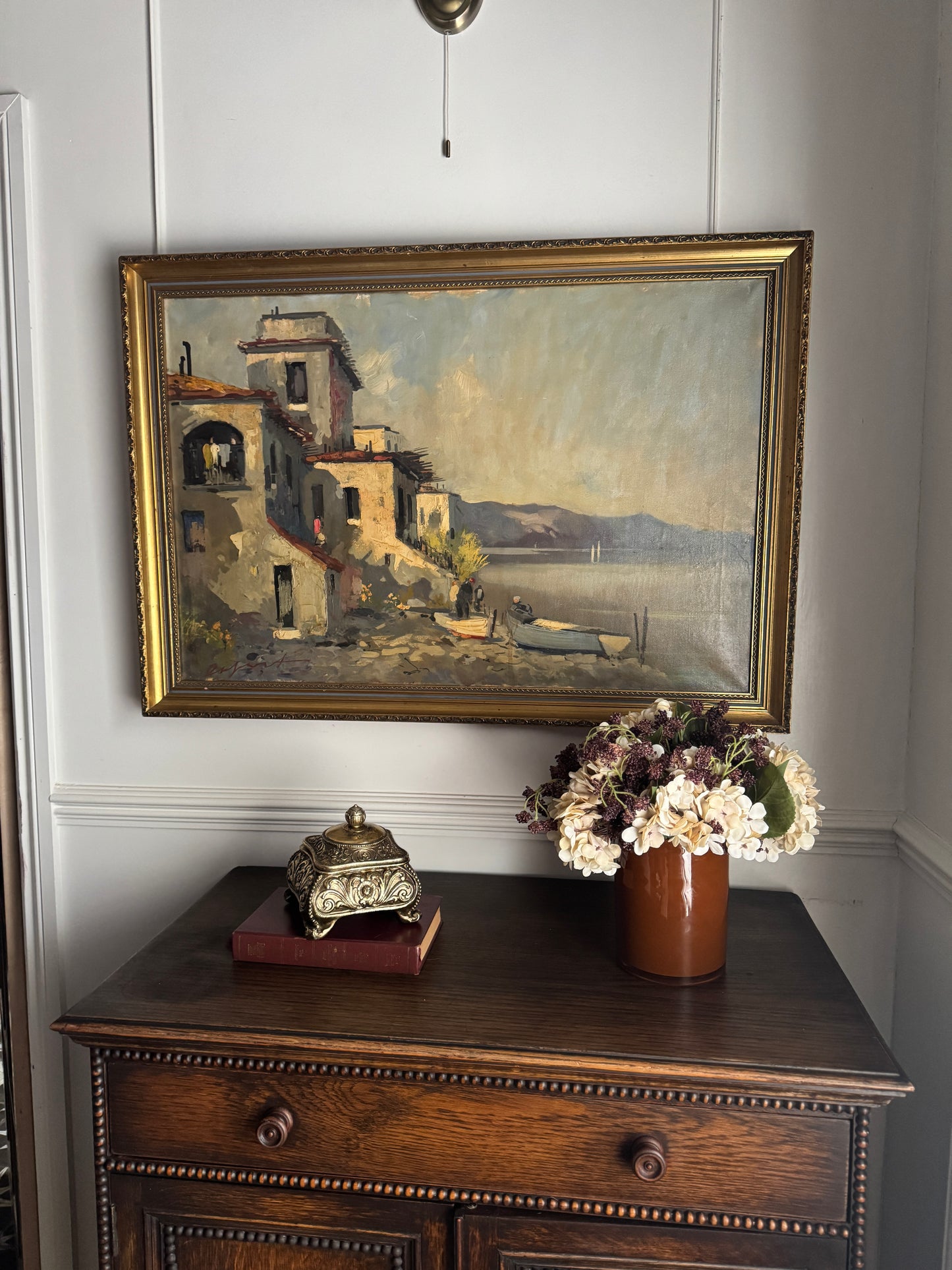 Vintage Mediterranean Coastal Oil Painting, Italian Seaside Village Art,Impressionist Landscape
