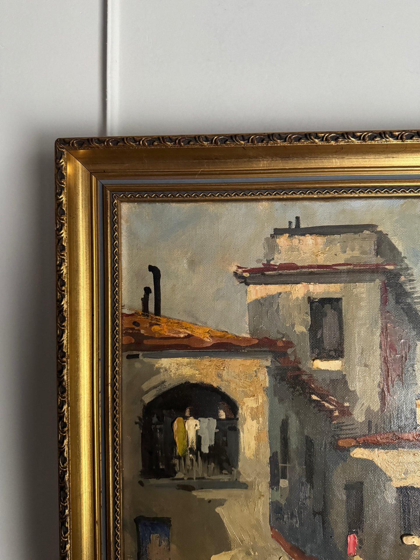 Vintage Mediterranean Coastal Oil Painting, Italian Seaside Village Art,Impressionist Landscape