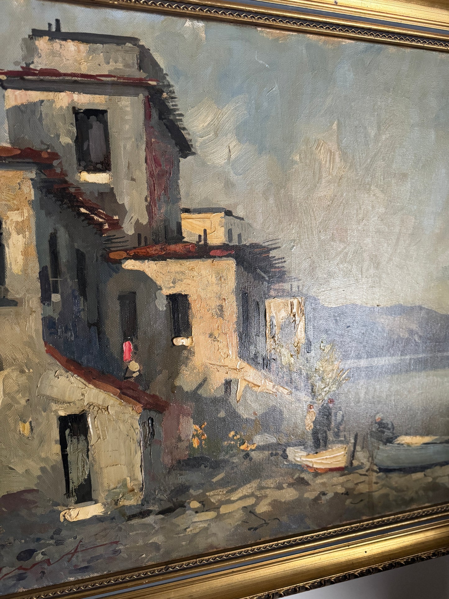 Vintage Mediterranean Coastal Oil Painting, Italian Seaside Village Art,Impressionist Landscape