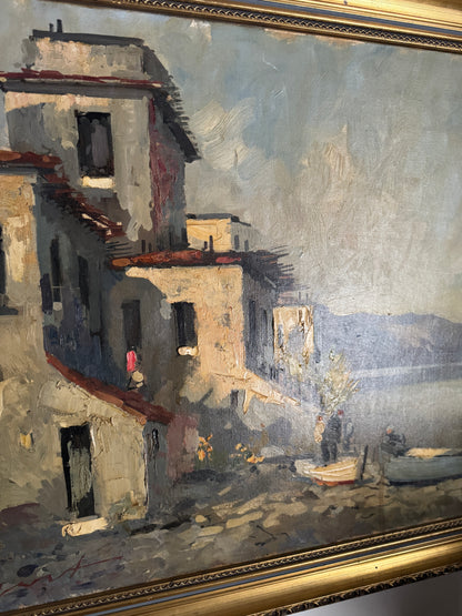 Vintage Mediterranean Coastal Oil Painting, Italian Seaside Village Art,Impressionist Landscape