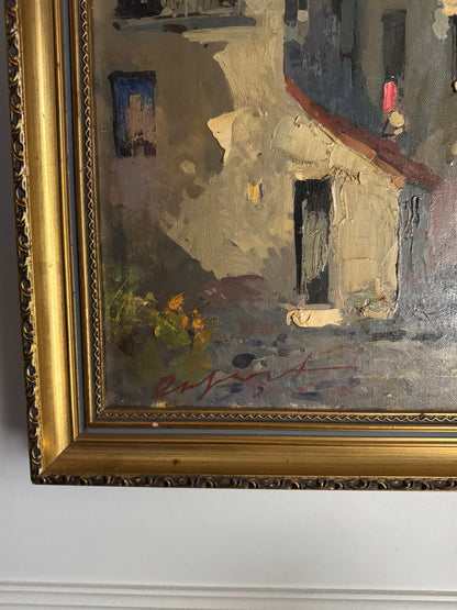 Vintage Mediterranean Coastal Oil Painting, Italian Seaside Village Art,Impressionist Landscape
