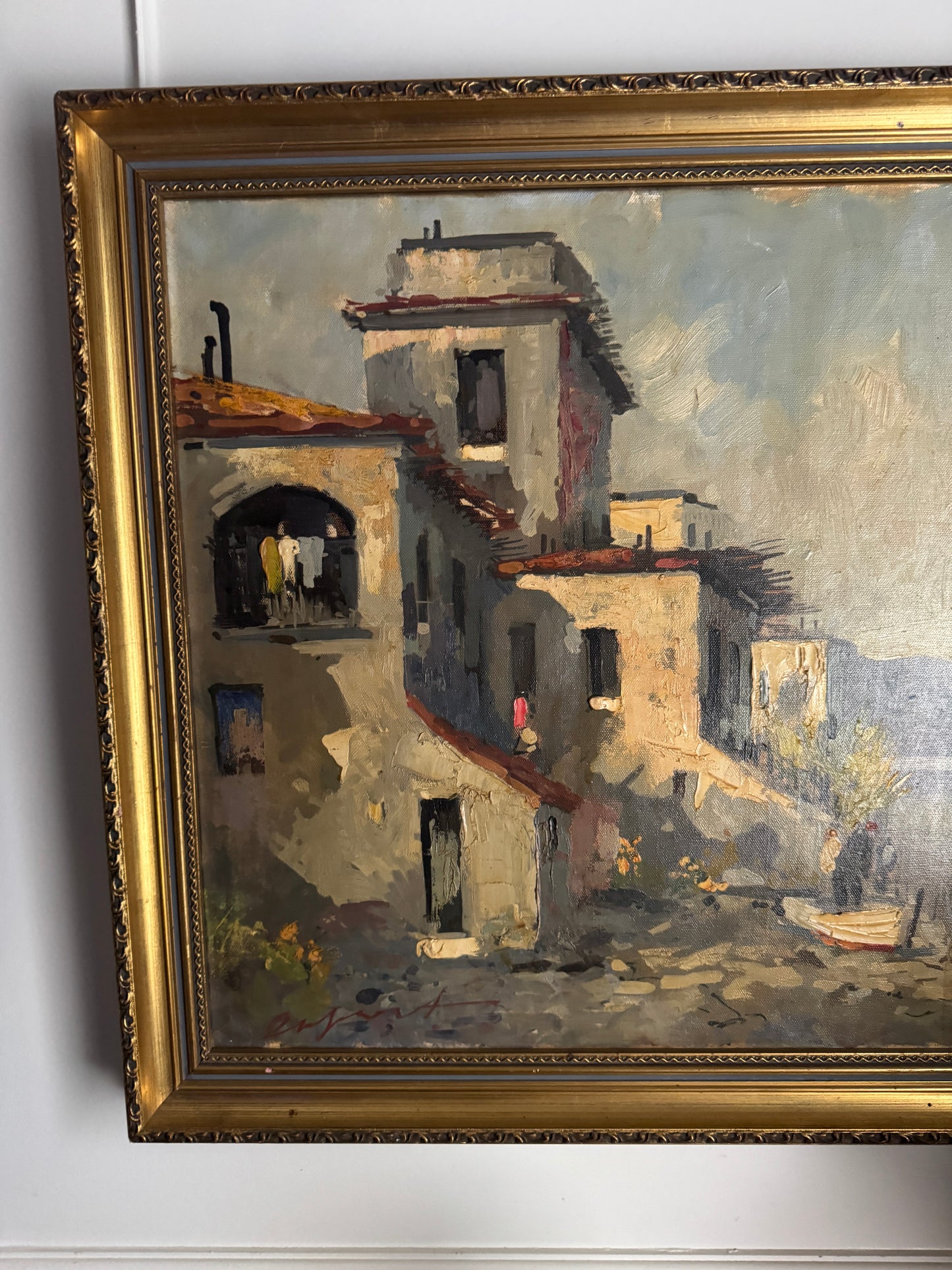 Vintage Mediterranean Coastal Oil Painting, Italian Seaside Village Art,Impressionist Landscape