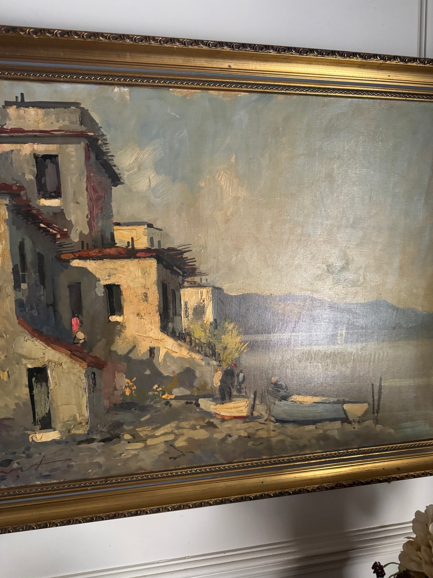 Vintage Mediterranean Coastal Oil Painting, Italian Seaside Village Art,Impressionist Landscape