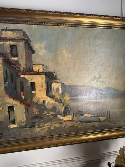 Vintage Mediterranean Coastal Oil Painting, Italian Seaside Village Art,Impressionist Landscape
