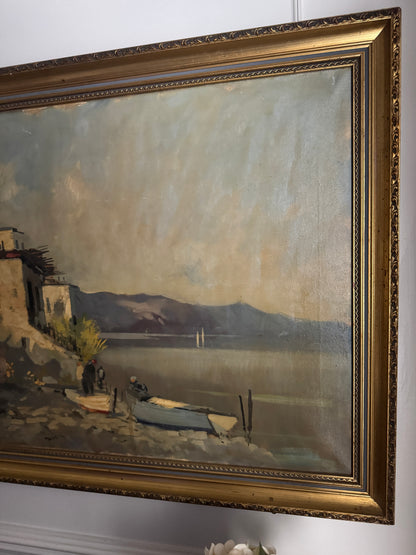 Vintage Mediterranean Coastal Oil Painting, Italian Seaside Village Art,Impressionist Landscape