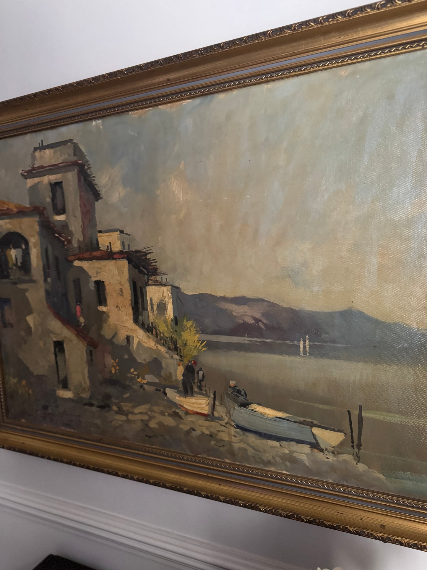 Vintage Mediterranean Coastal Oil Painting, Italian Seaside Village Art,Impressionist Landscape