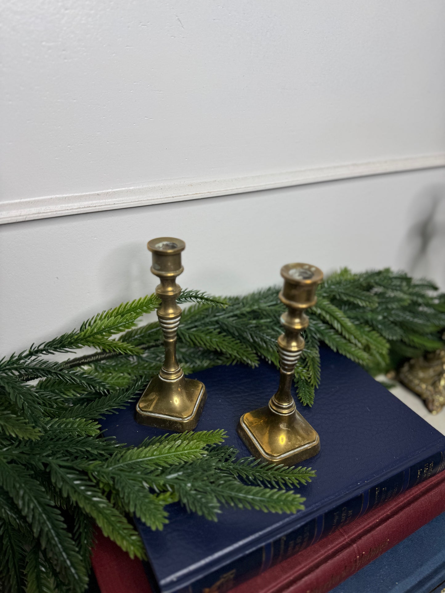 Vintage Square Bottom Brass Candlesticks Pair