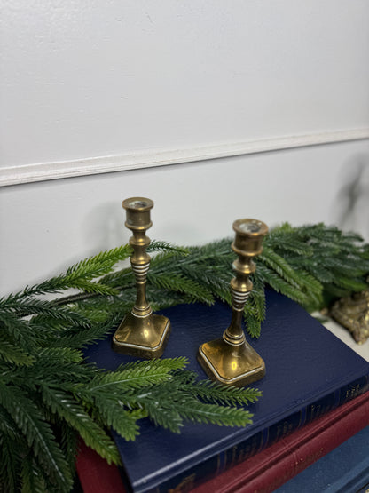 Vintage Square Bottom Brass Candlesticks Pair