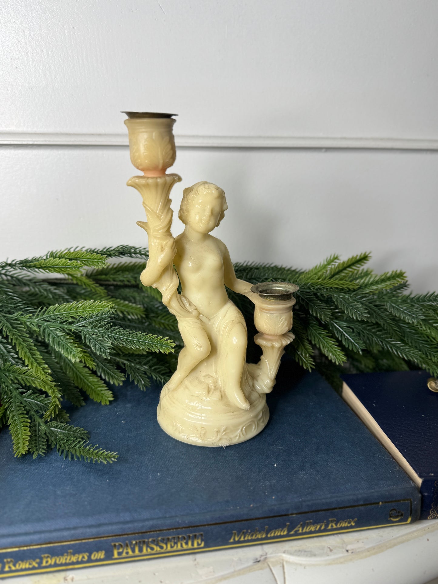 Vintage Resin Cherub Pedestal Candle Holder – Two Arm Taper Holder