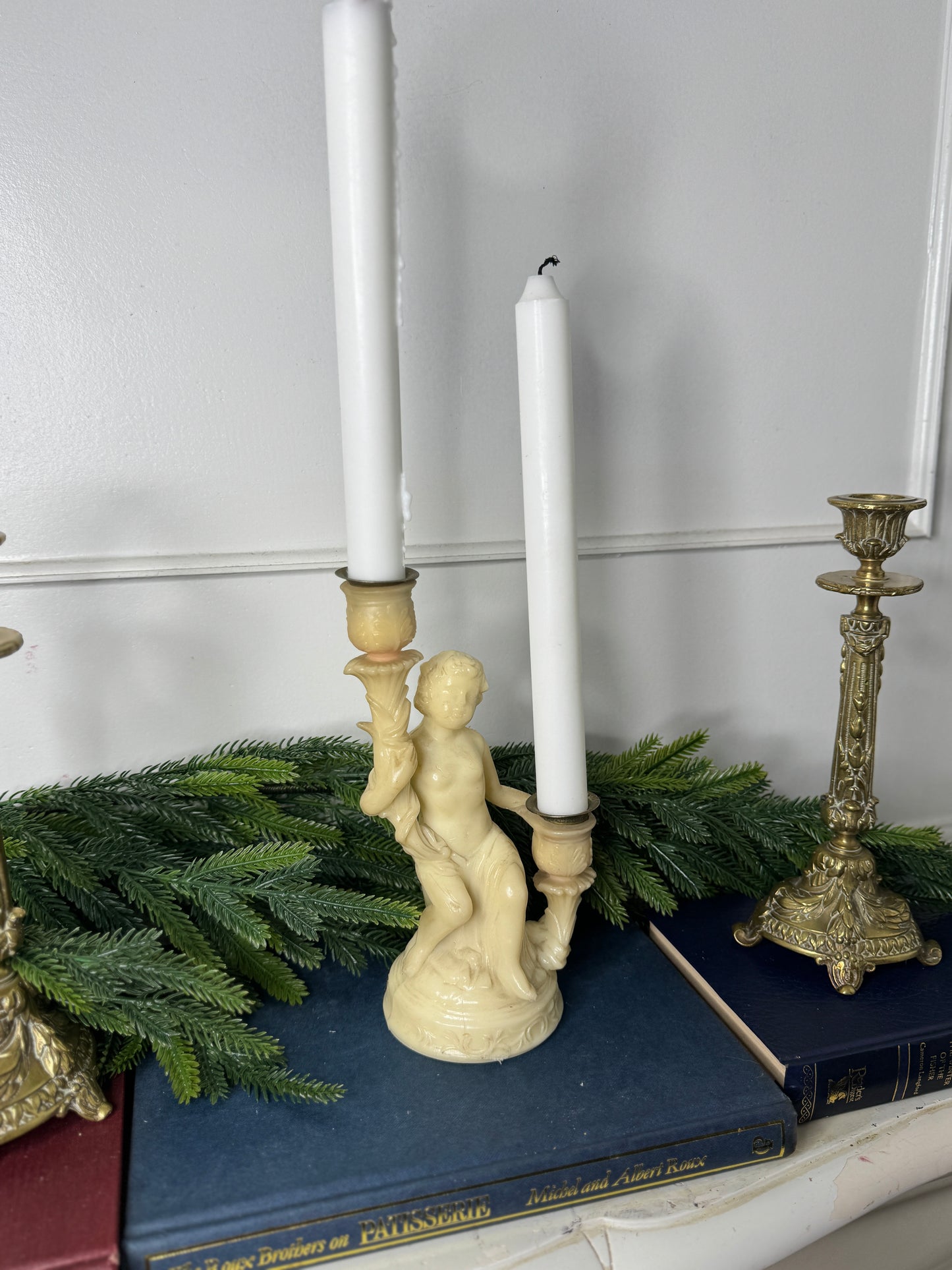Vintage Resin Cherub Pedestal Candle Holder – Two Arm Taper Holder