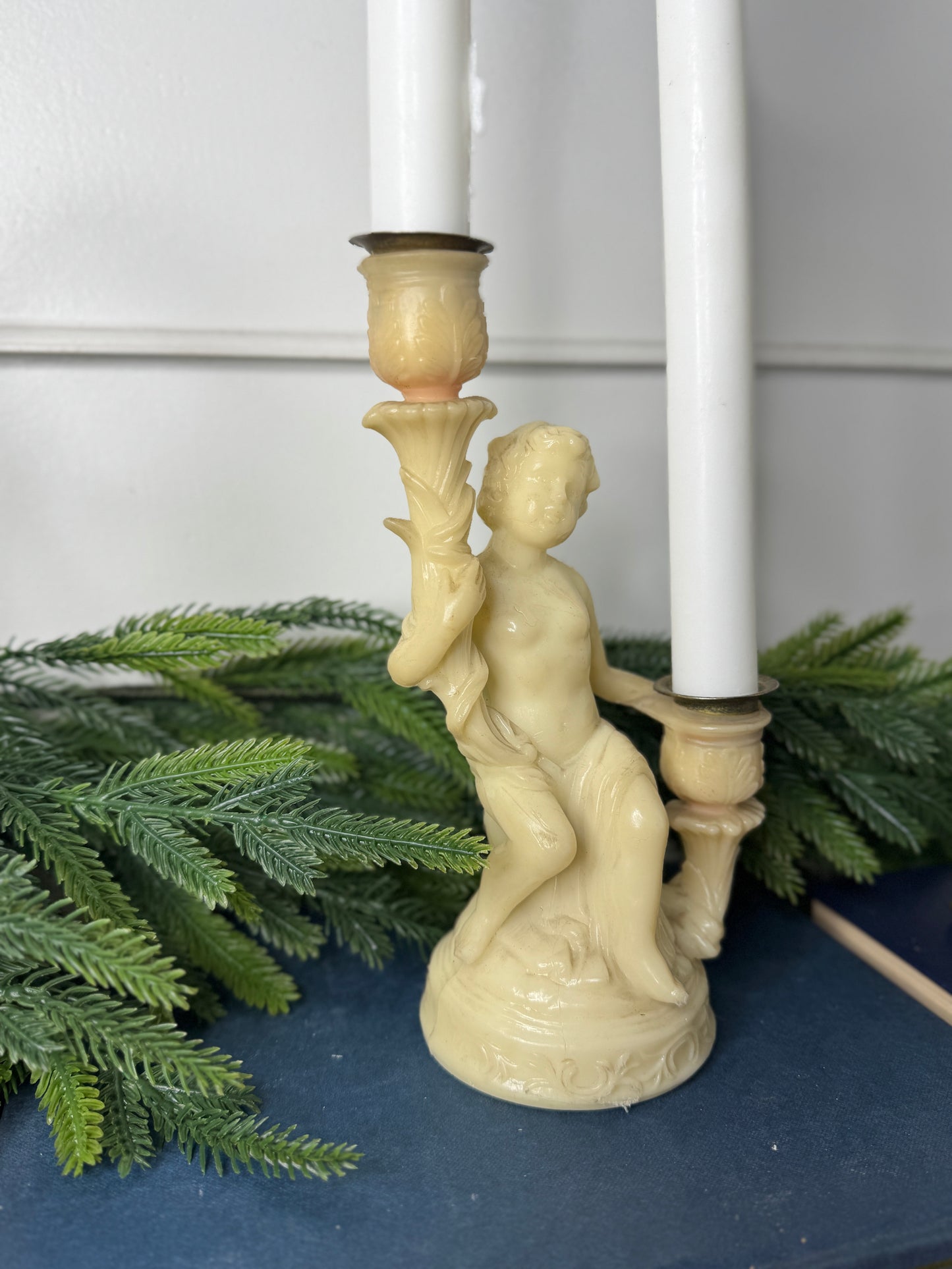 Vintage Resin Cherub Pedestal Candle Holder – Two Arm Taper Holder