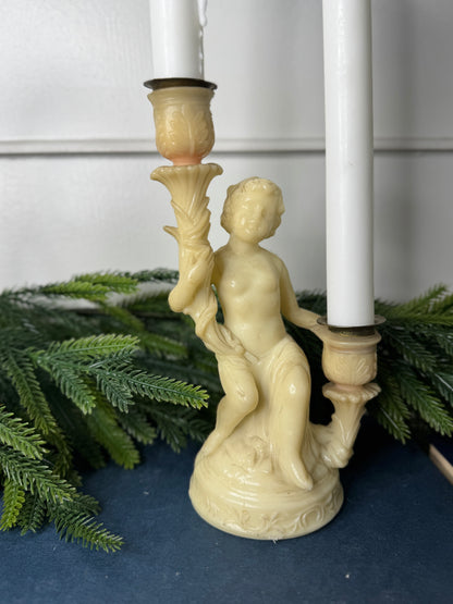 Vintage Resin Cherub Pedestal Candle Holder – Two Arm Taper Holder