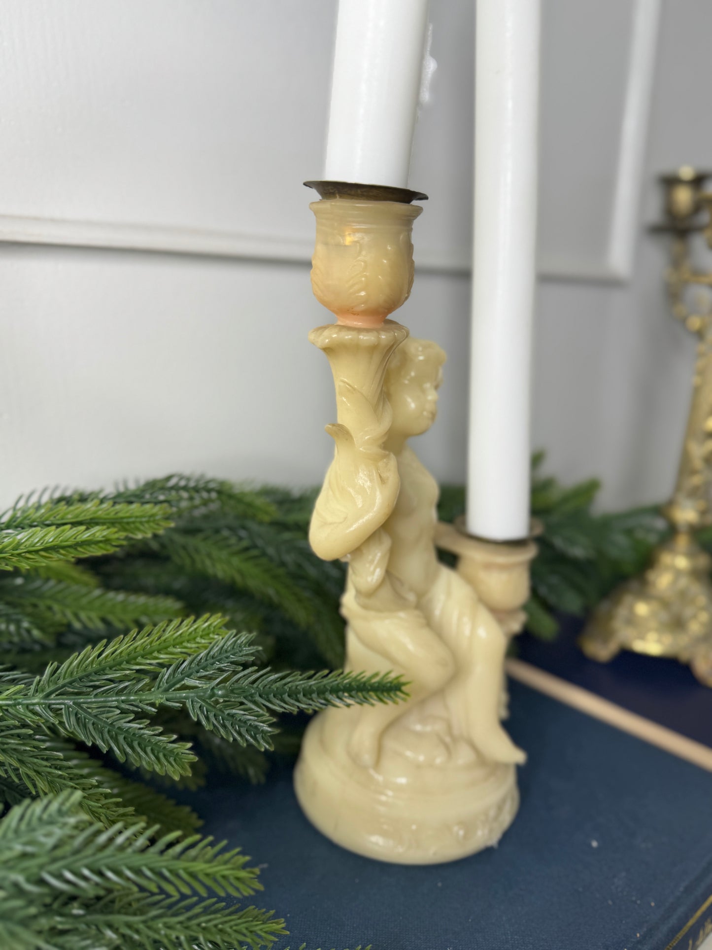 Vintage Resin Cherub Pedestal Candle Holder – Two Arm Taper Holder